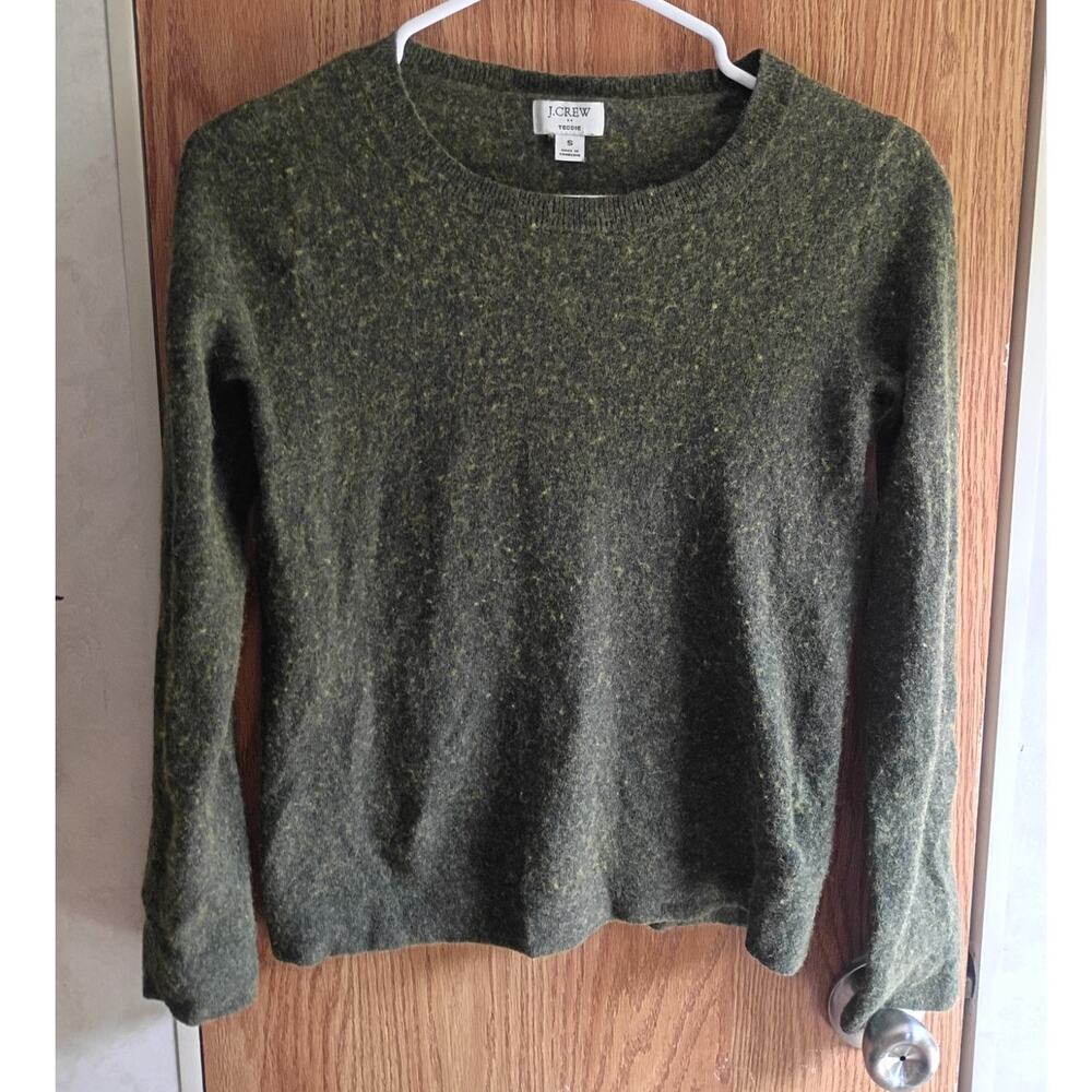 J Crew Teddie Sweater Small Olive Green Heather Merino Wool Cotton Crewneck